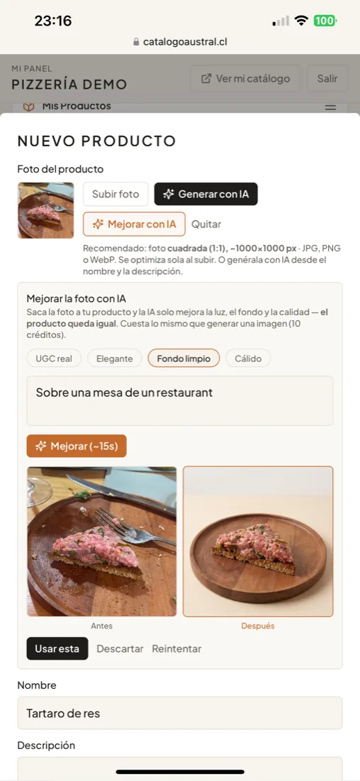 Panel de Catálogo Austral en el celular mostrando el antes y el después al mejorar la foto con IA